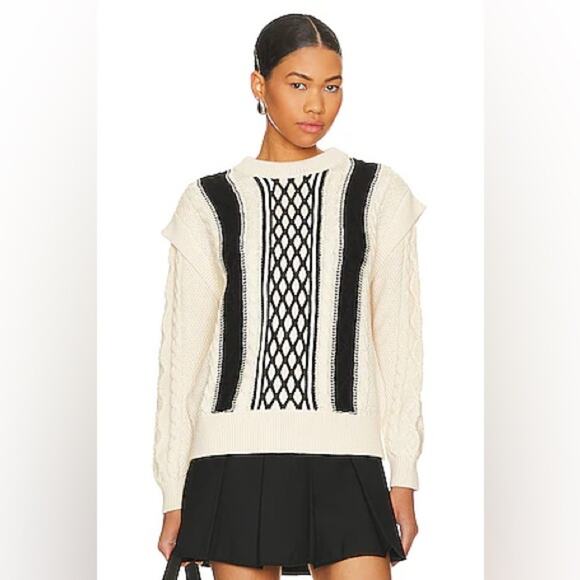 525 America Nia Black Cream Shoulder Trim Cable Knit Pull Over Sweater Preppy -M - Picture 1 of 9